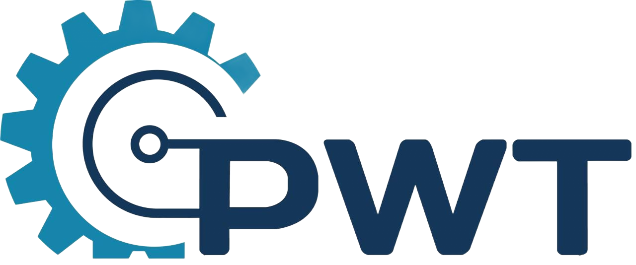 Logo with a gear, circuit, and the letters PWT in dark blue.