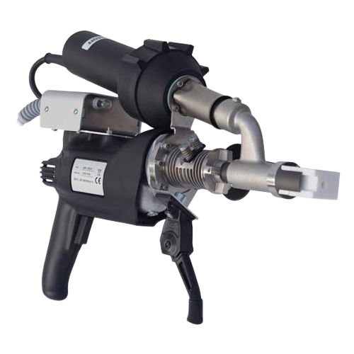 Black and gray handheld plastic welding tool with angled nozzle and support legs.