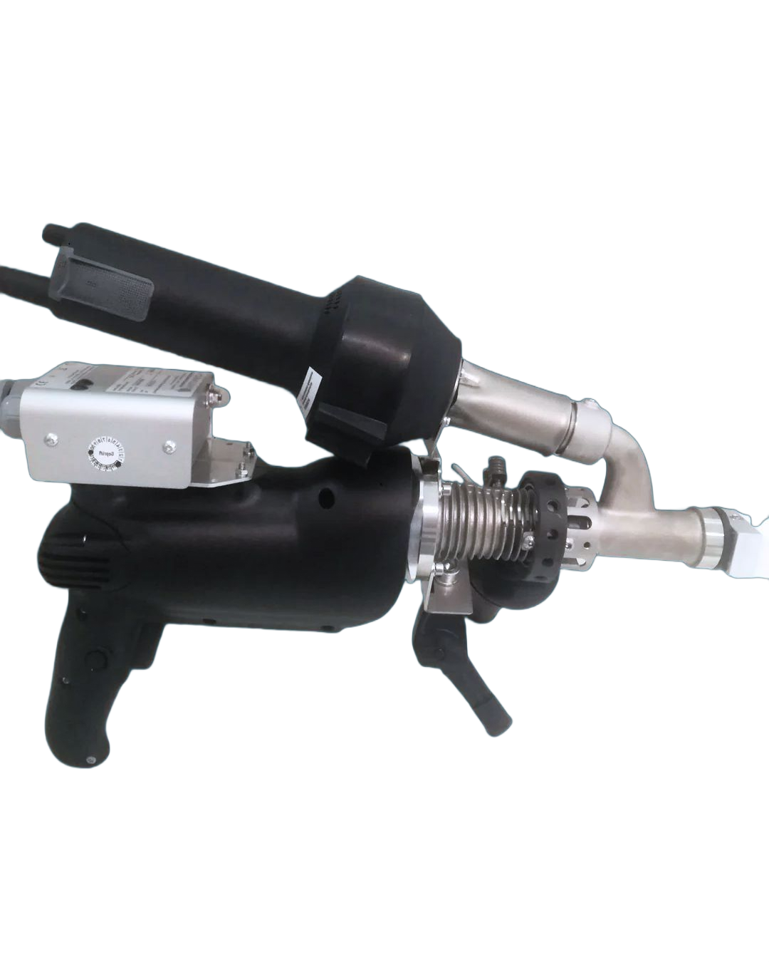 Black-and-silver handheld mechanical tool with a trigger and attached nozzle on a white background