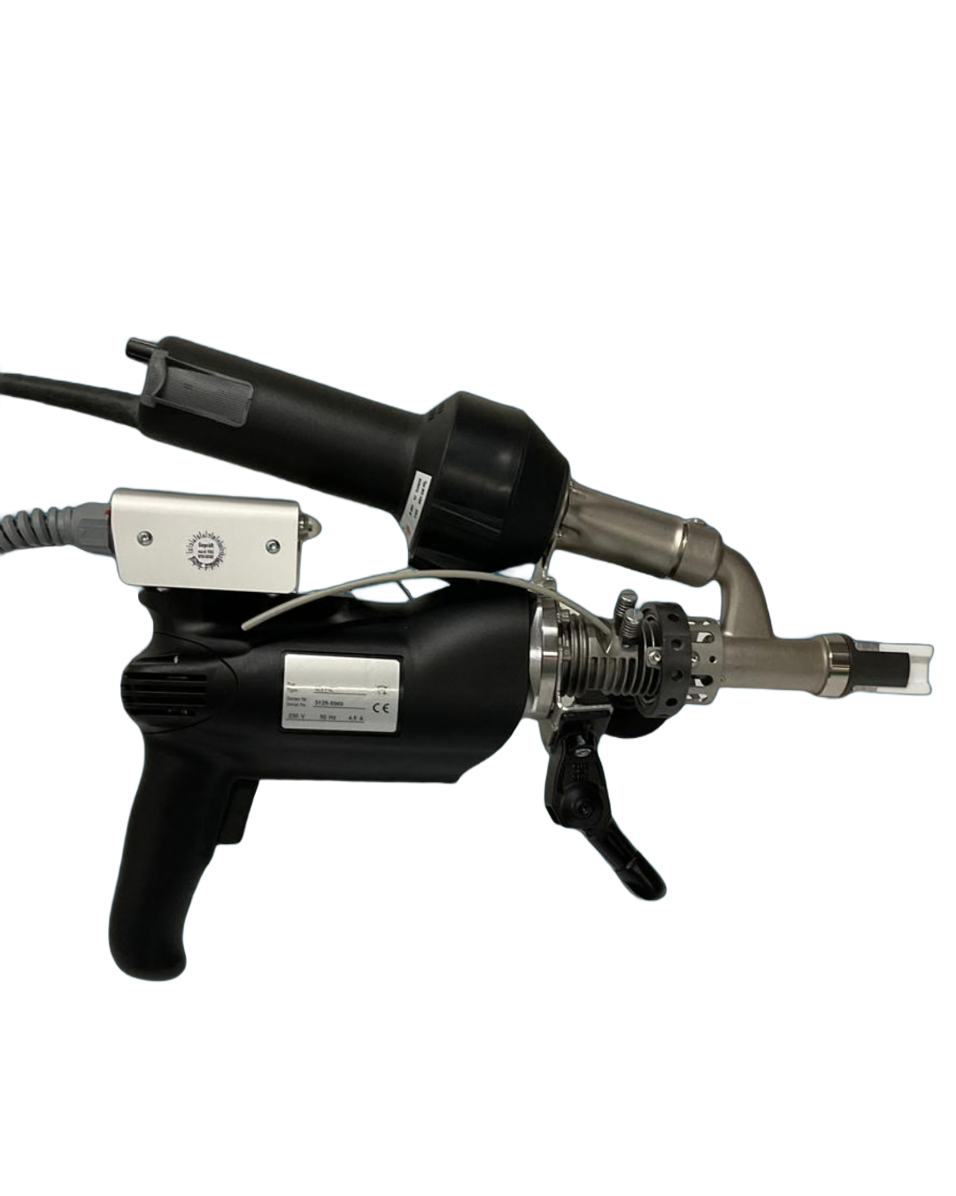 A handheld heat gun with black and silver components, used for melting materials.