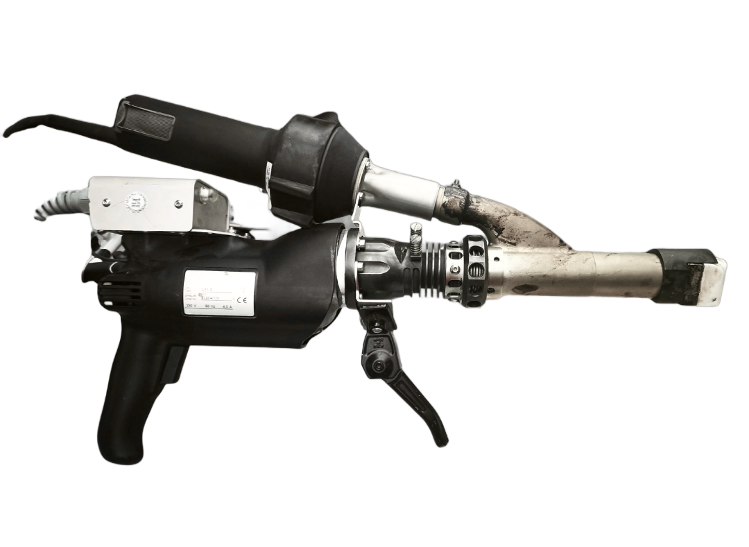 Black and silver welding tool with a handle, nozzle, and trigger.