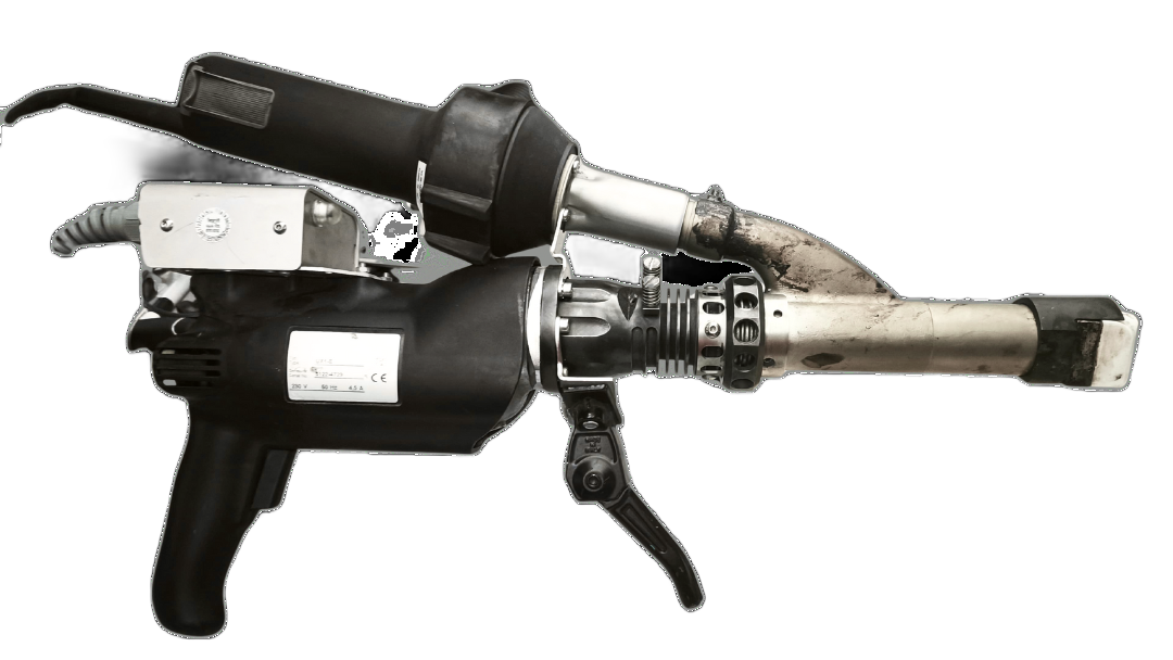Industrial hand-held tool with black body, silver nozzle, and black handle; likely used for welding or melting.
