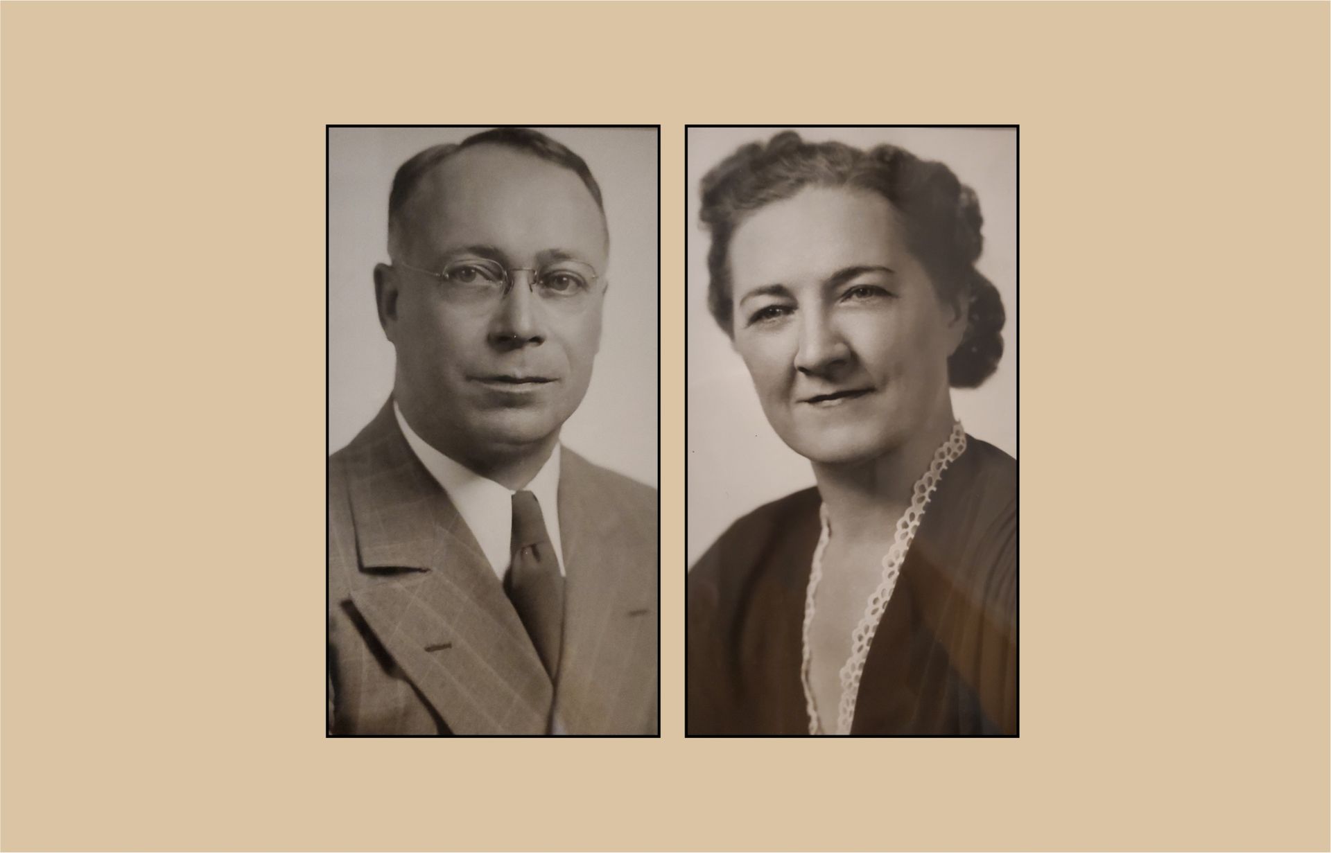 Two sepia-toned portrait photos of formally dressed adults on a beige background
