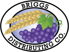 Briggs Distributing Co. logo with golden wheat and purple grapes inside an oval