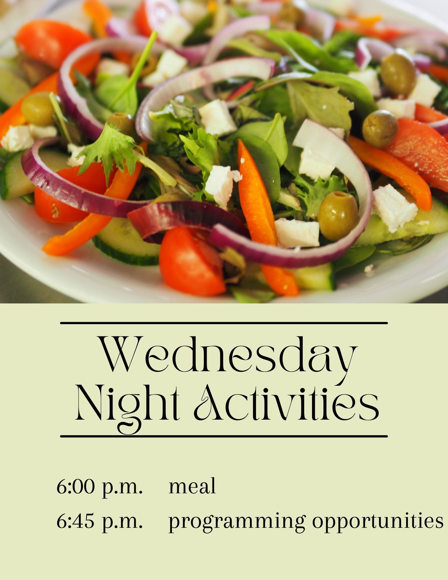 Salad and text,
