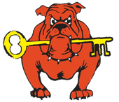 A red bulldog with a yellow key in its mouth