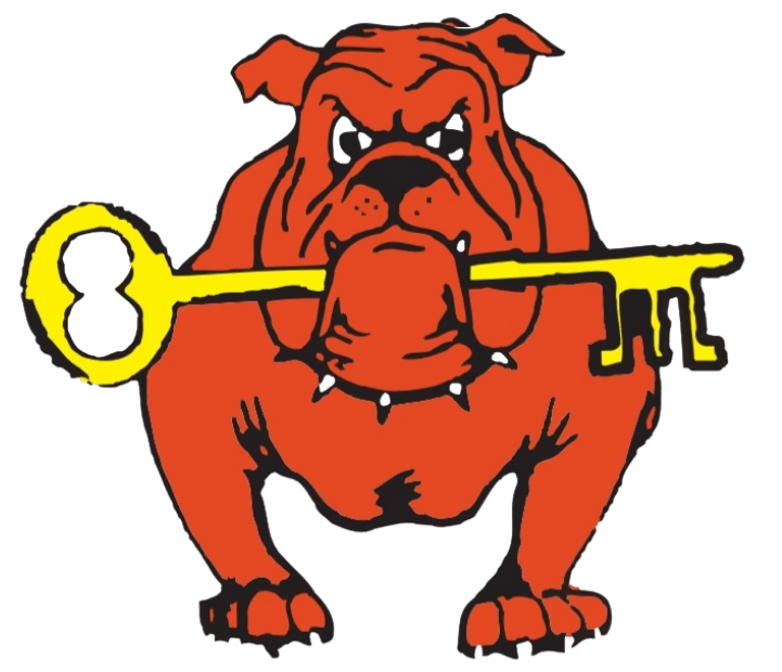 A red bulldog with a yellow key in its mouth