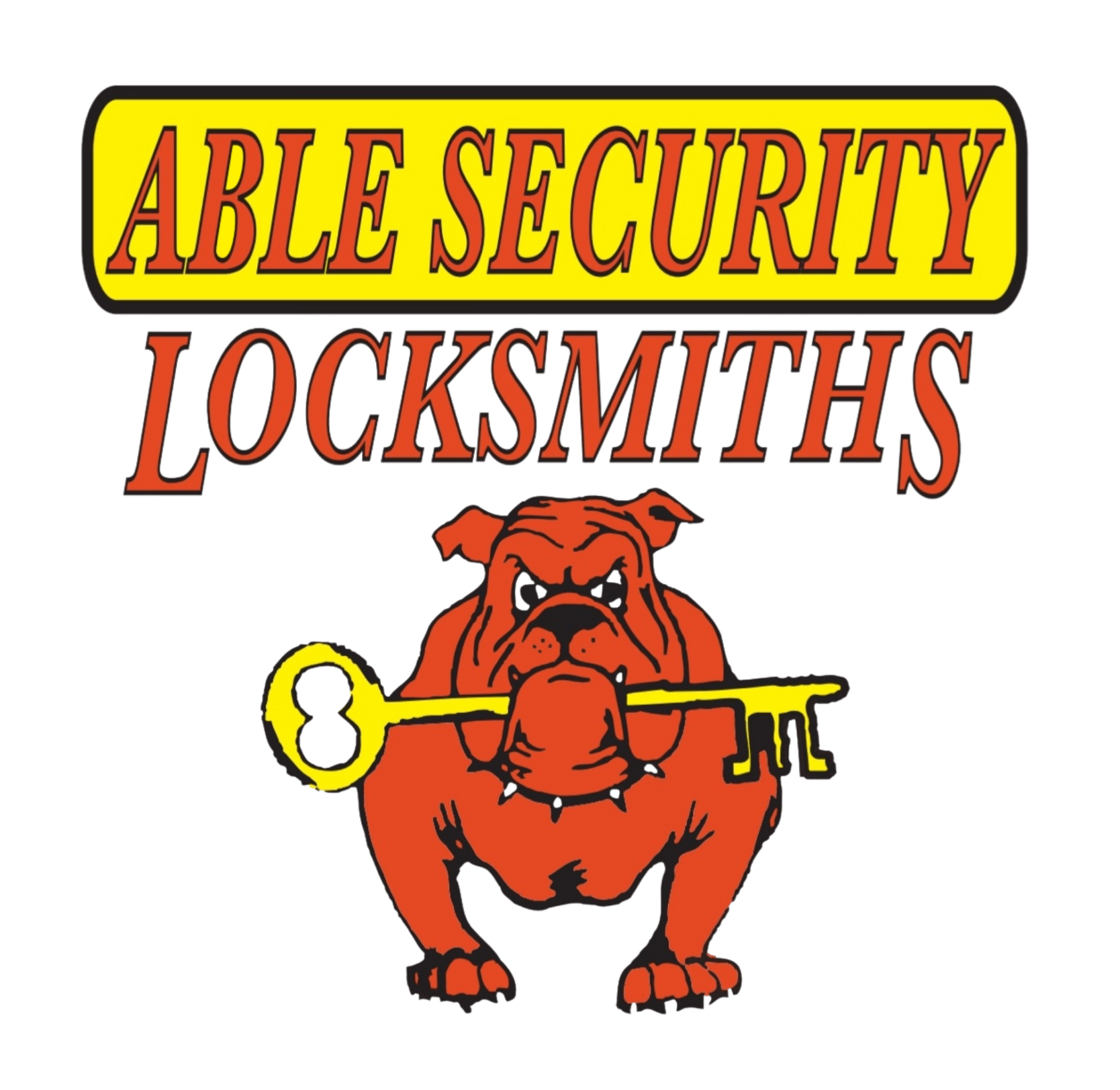 A logo for able security locksmiths with a bulldog holding a key