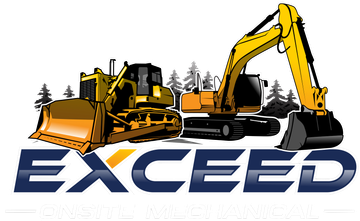 Yellow bulldozer and excavator above the word “EXCEED” in a construction logo