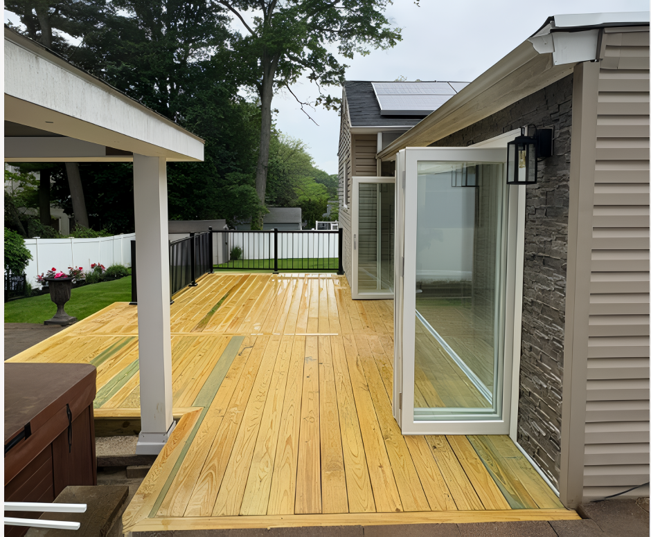 Wooden deck with open doors to a building; a black fence and green lawn in the background.