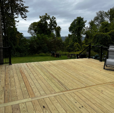 Wooden deck overlooking a green lawn and trees, cloudy sky.
