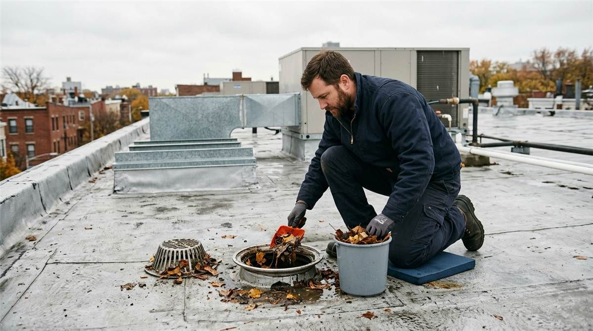 Roofer clearing leaves and debris from a clogged drain on a flat commercial roof