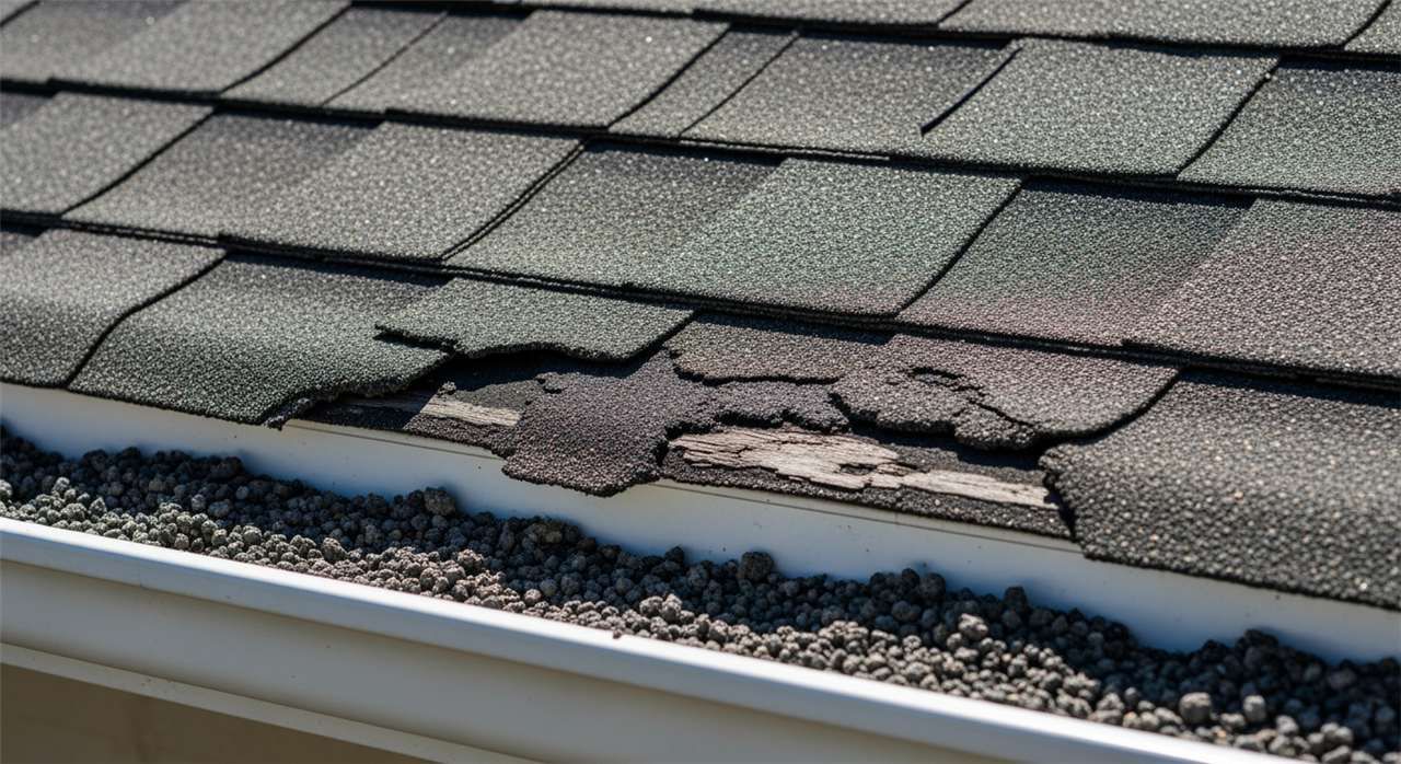 Heat-damaged asphalt shingles with curled edges and loose granules collected in a gutter