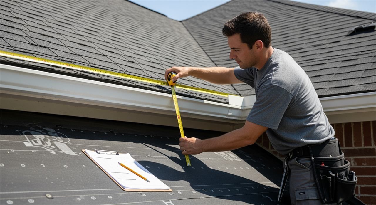 Roofer measuring a roof edge with a tape measure next to a clipboard during a code inspection