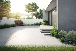 A modern house with a concrete driveway and steps
