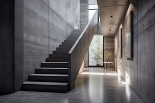 There is a staircase in the middle of a hallway.