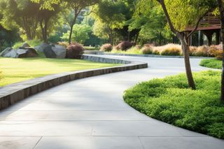 A concrete walkway in a park surrounded by trees and grass.