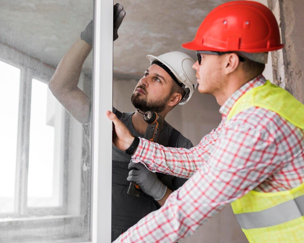 Two construction workers installing a window, one using a hammer, both wearing hard hats and safety vests.