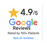 Google Reviews badge with 4.9/5 rating and “Rated by 100+ Patients” text