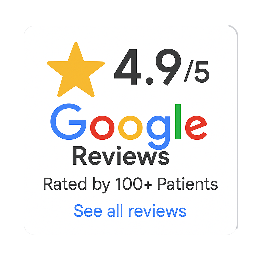 Google Reviews badge with 4.9/5 rating and “Rated by 100+ Patients” text