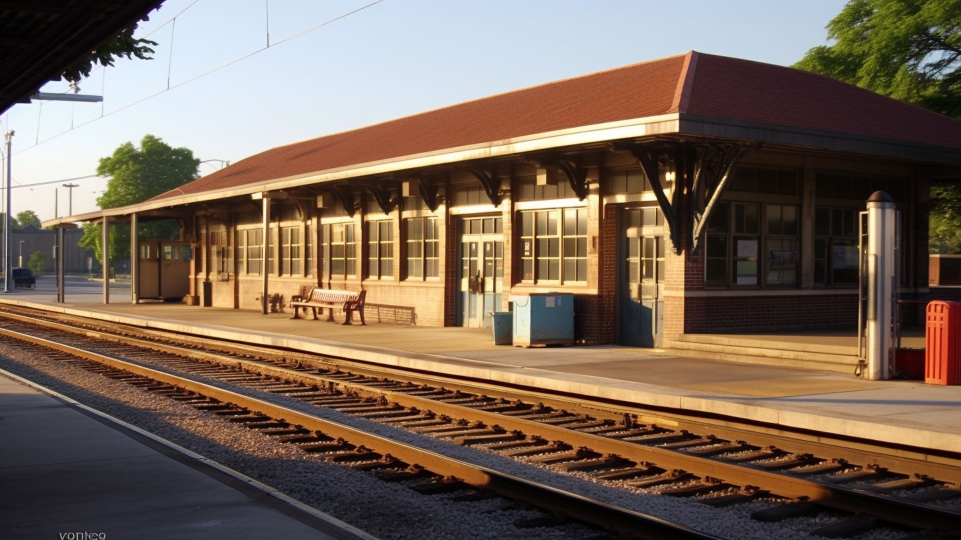 Train station platform with brown roof, benches, and railroad tracks.