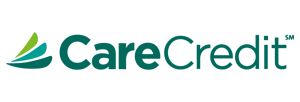 CareCredit logo: green text with a stylized emblem of green and blue curved lines.