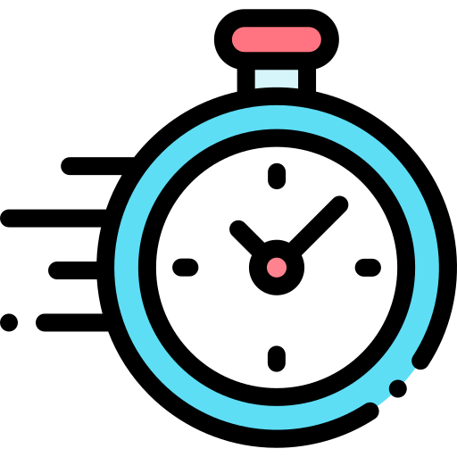 Blue stopwatch with motion lines, clock hands at 10 past 1, red button.