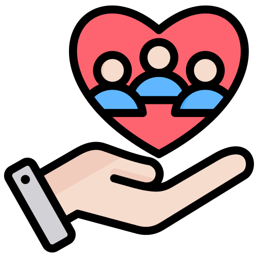 Hand holding a red heart with three people inside, representing care and support.