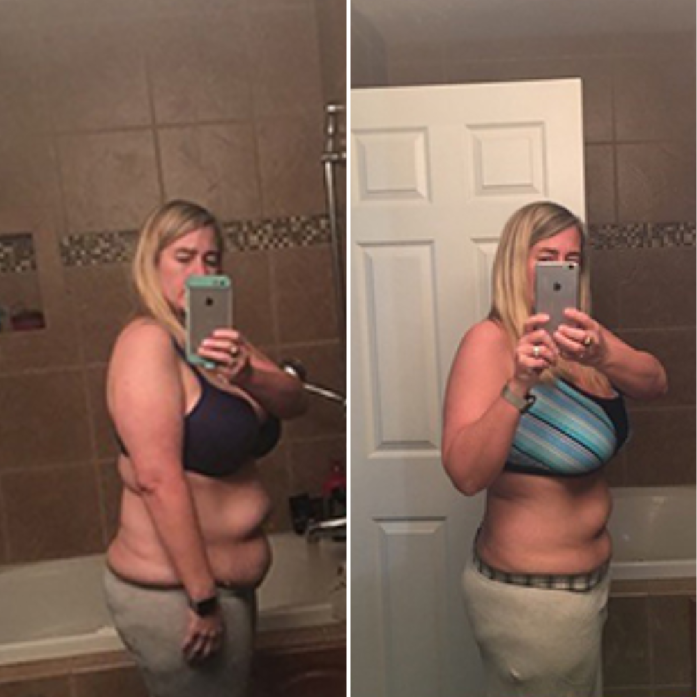 Side-by-side comparison of a person's weight loss. Shows before and after photos.