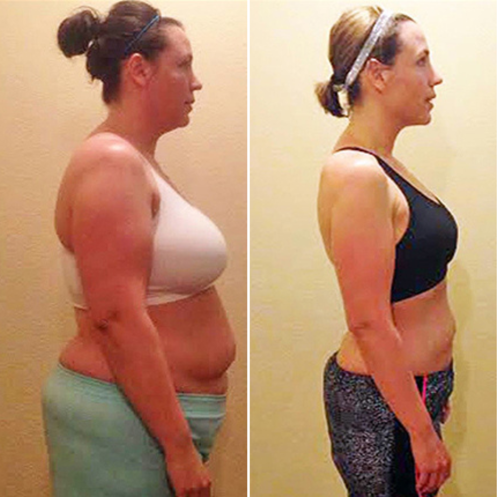 Side-by-side photos of a person. The before shows a fuller figure, after shows a slimmer physique with athletic wear.