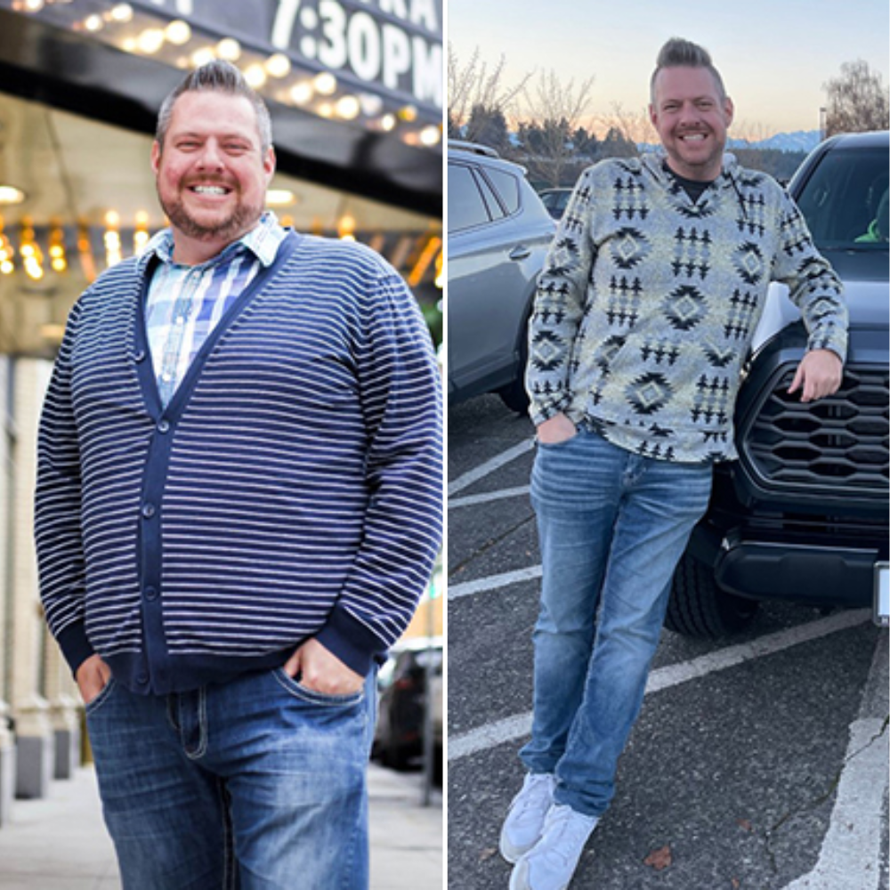 Man smiling, weight loss before/after. Left: heavy man in blue sweater. Right: leaner man in patterned shirt leaning on truck.