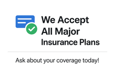 Blue card and green check icon beside text: “We Accept All Major Insurance Plans” and “Ask about your coverage today!”
