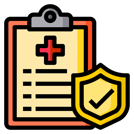 Medical record on clipboard with red cross, yellow shield with check mark, for insurance.