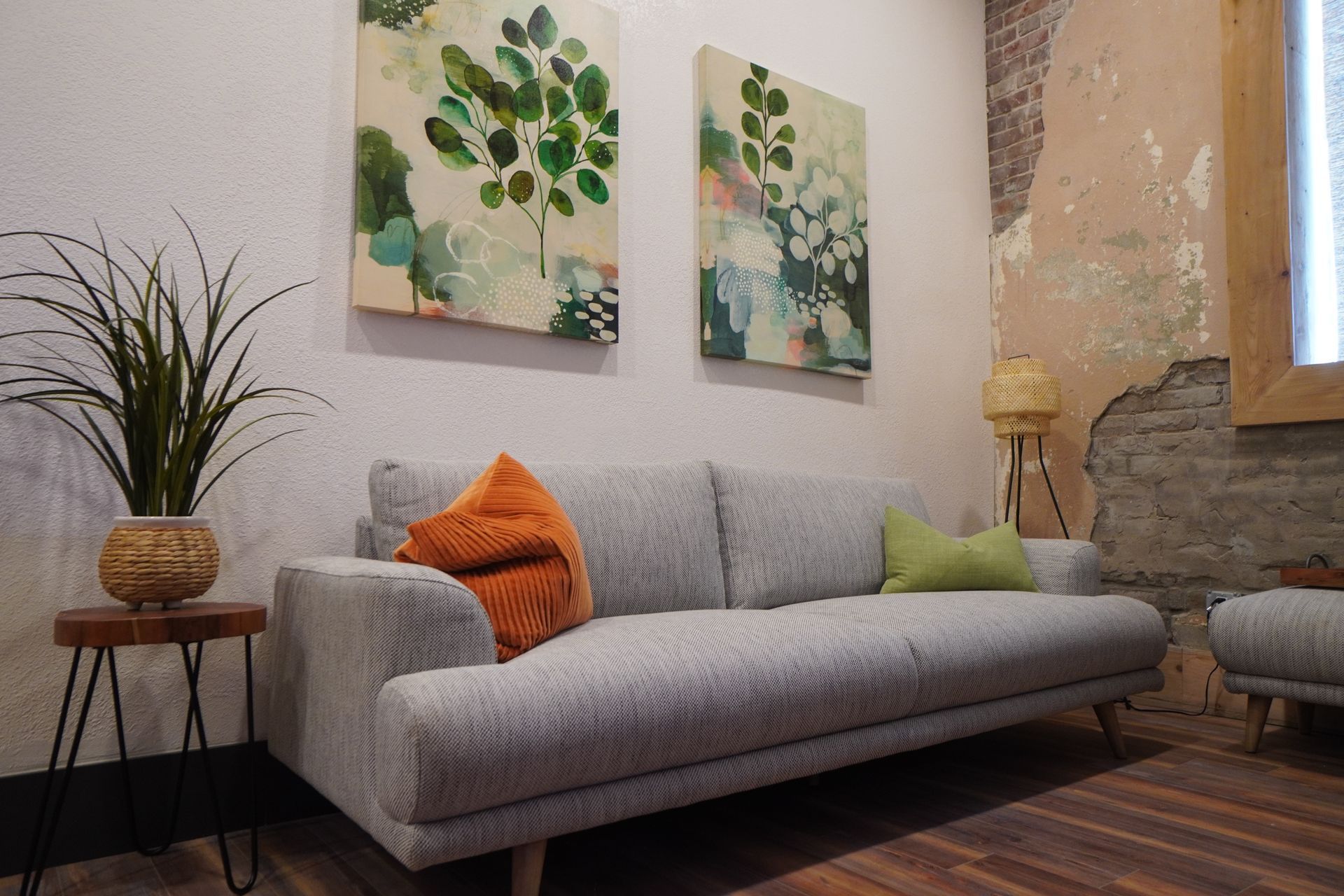 Cozy living room with a gray sofa, two botanical paintings, and a potted plant on a side table.