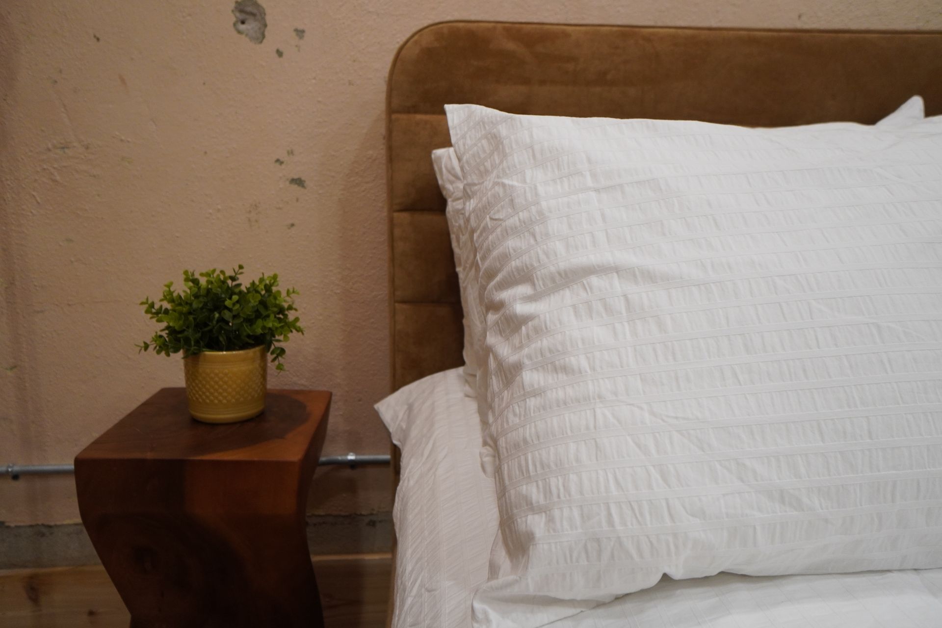 Bed with white pillows and a small plant on a brown nightstand. Pink wall and brown headboard.