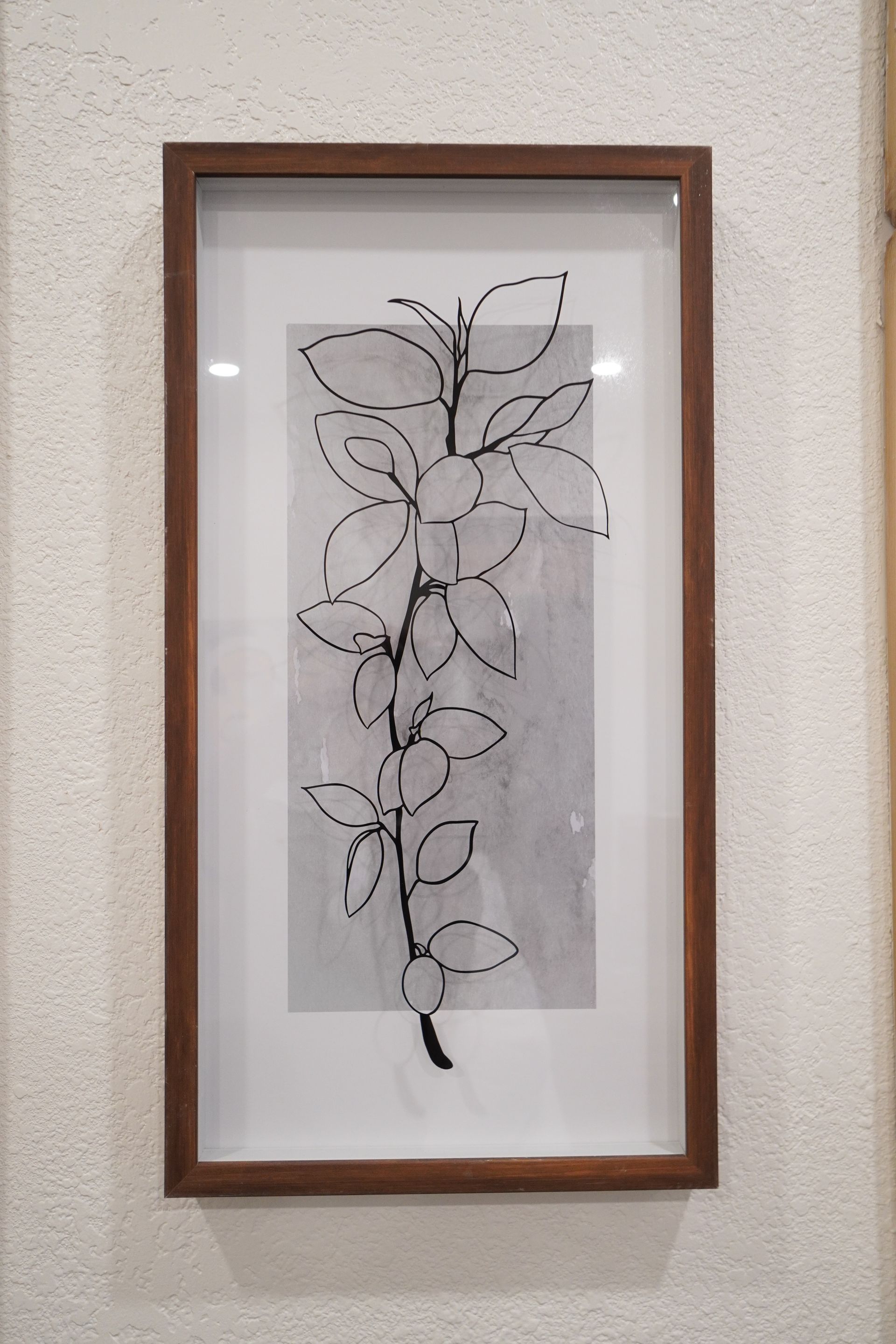 Framed artwork of a plant branch with leaves and fruit, sketched in black against a gray rectangular backdrop.