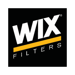 Logo WIX Filters en blanc sur un carré noir souligné en orange