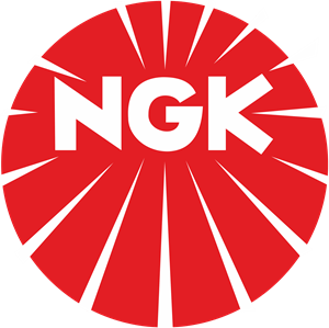 Logo NGK avec lettres blanches sur fond rouge circulaire en forme de soleil