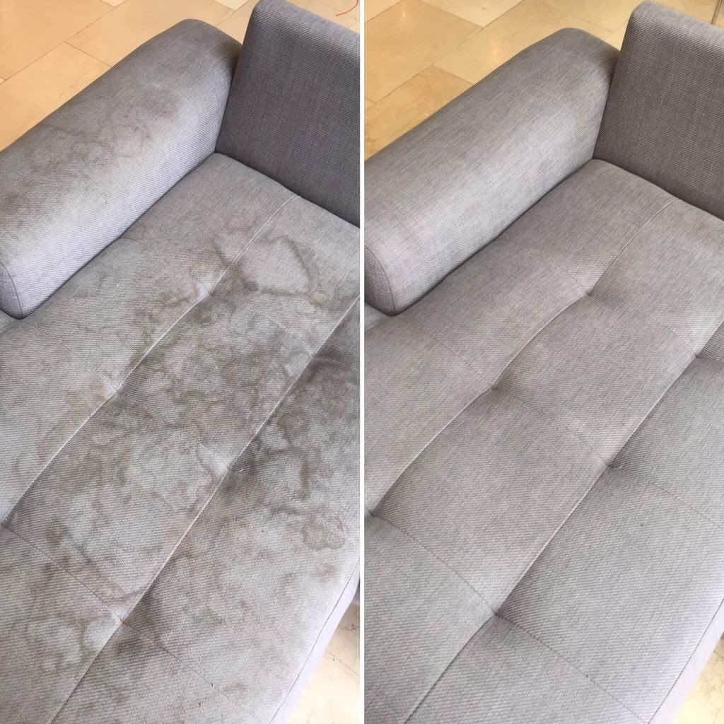 A before and after picture of a carpet being repaired.