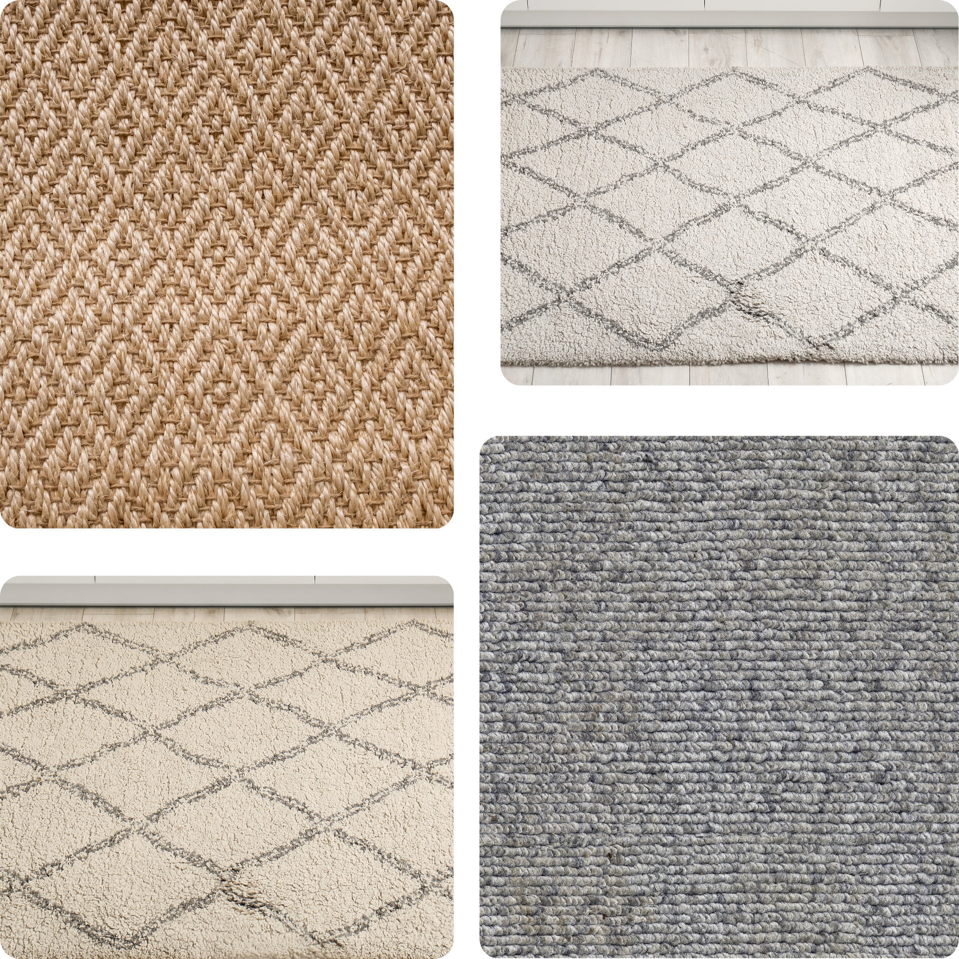 Eco Friend Carpet Clean - Four textured rugs with diamond patterns: beige, white, and gray.