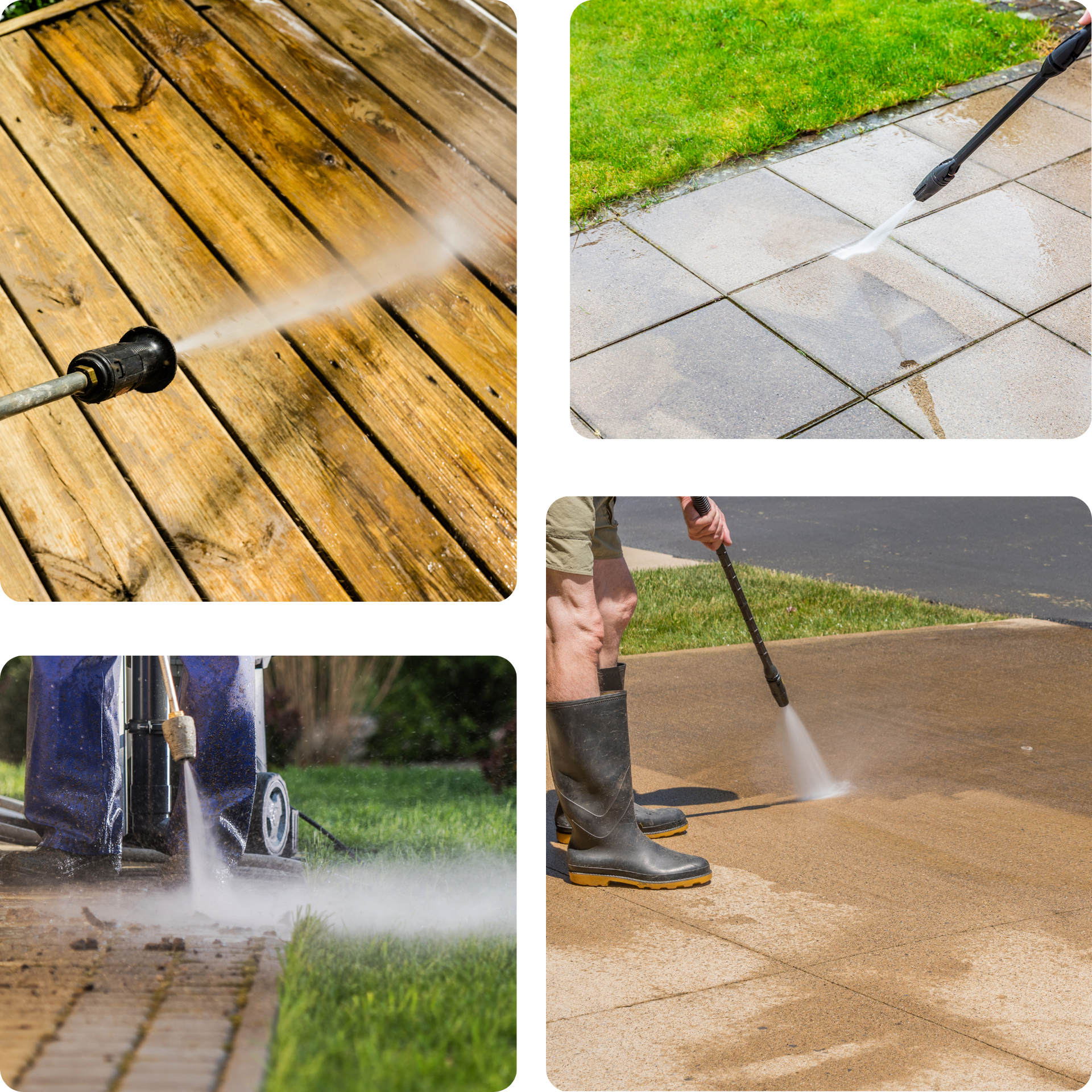 Eco Friend Carpet Clean - Pressure washing a wooden deck, patio stones, and a gravel surface.