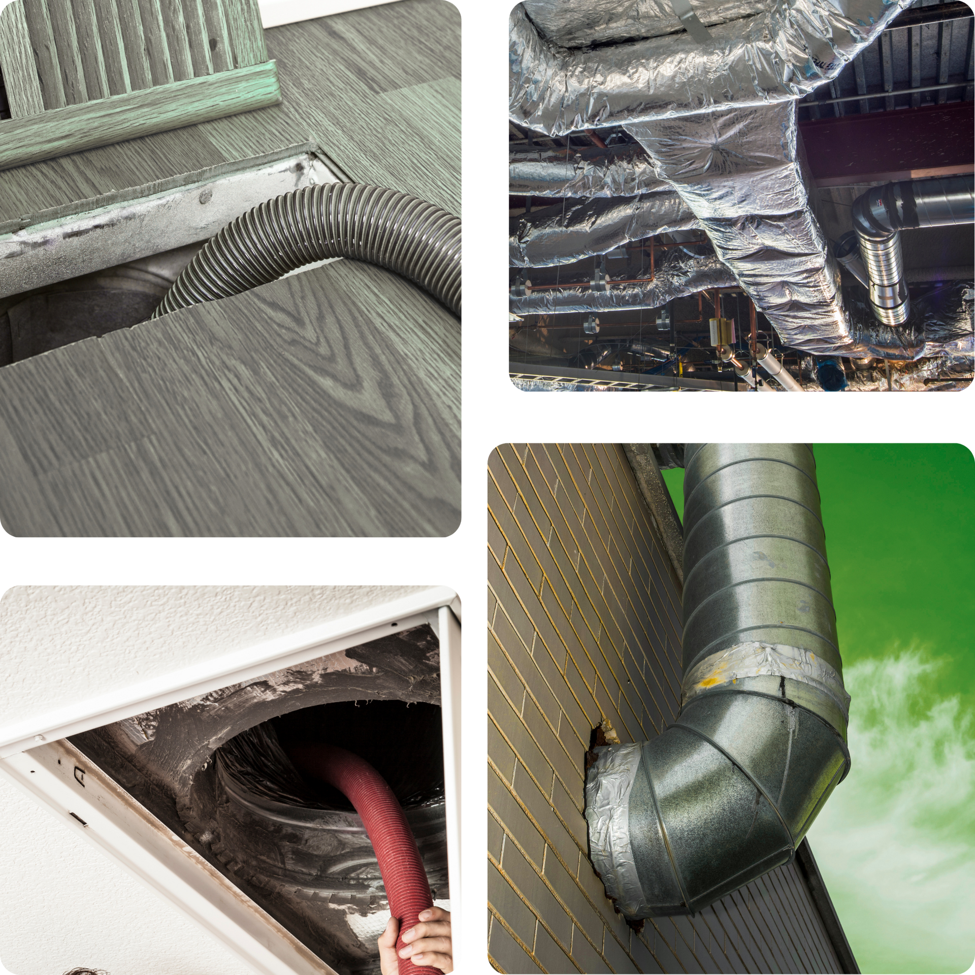 Eco Friend Carpet Clean - Four images showing air duct cleaning in various settings: floor vent, ceiling, and outdoor.