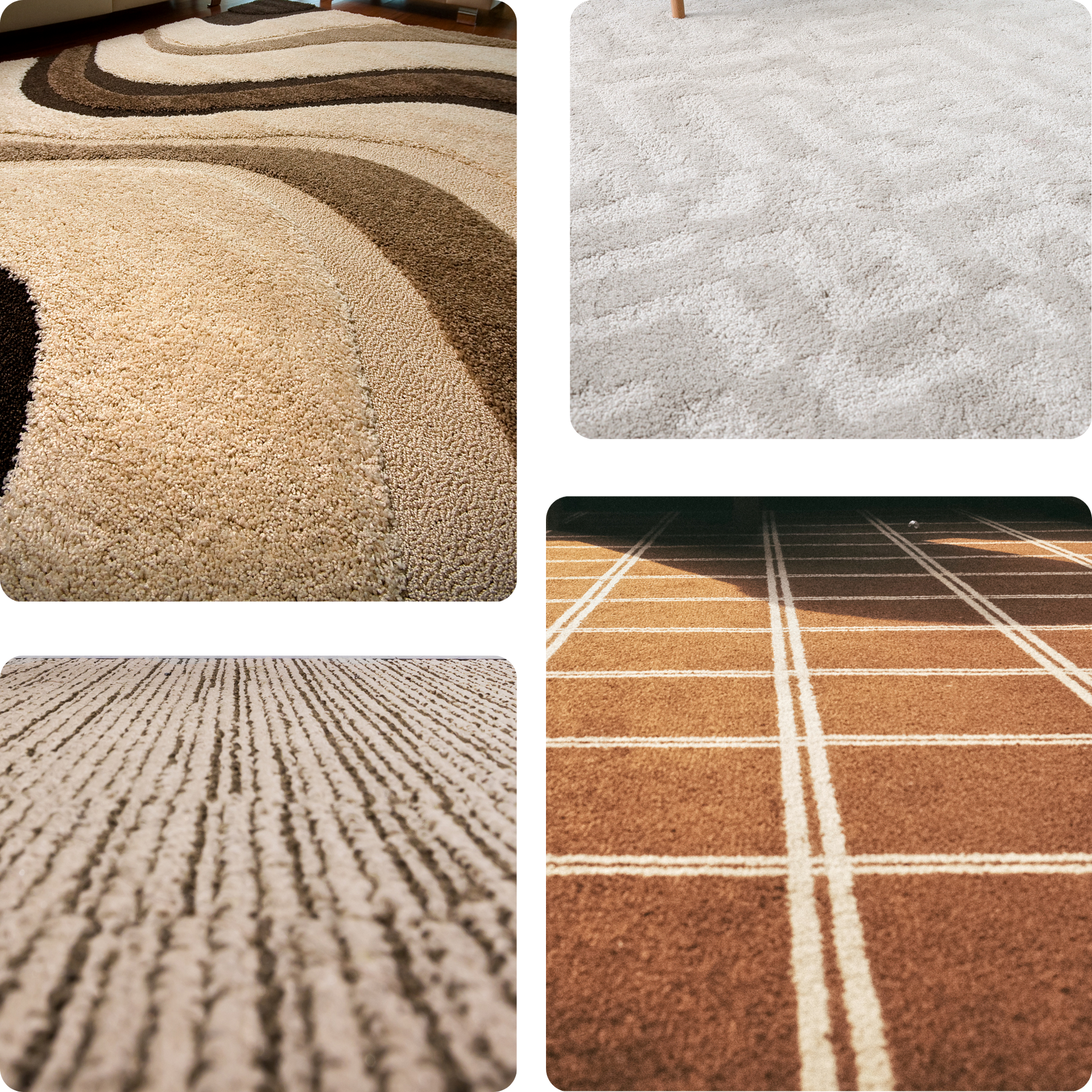 Eco Friend Carpet Clean- Four carpet samples: swirling beige, neutral shag, striped tan, and checkered brown.