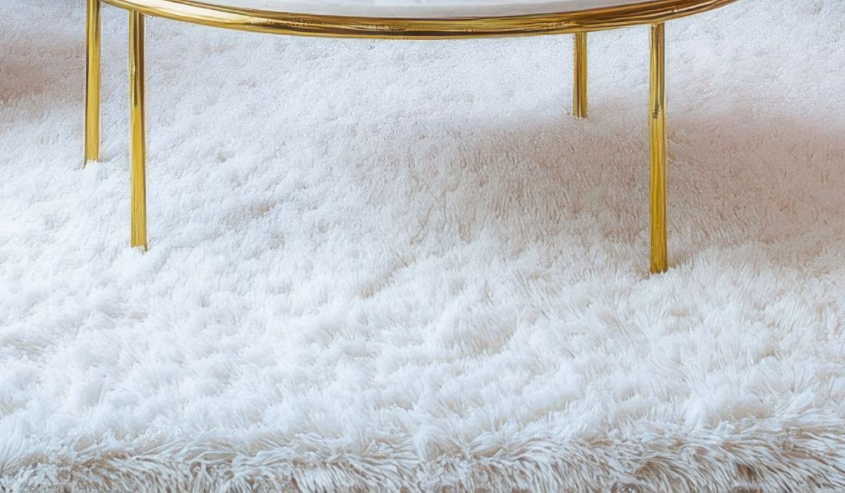 Eco Friend Carpet Clean - White fluffy rug with gold-legged table on top.