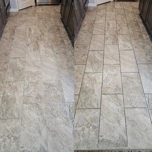 A before and after photo of a tile floor in a kitchen.
