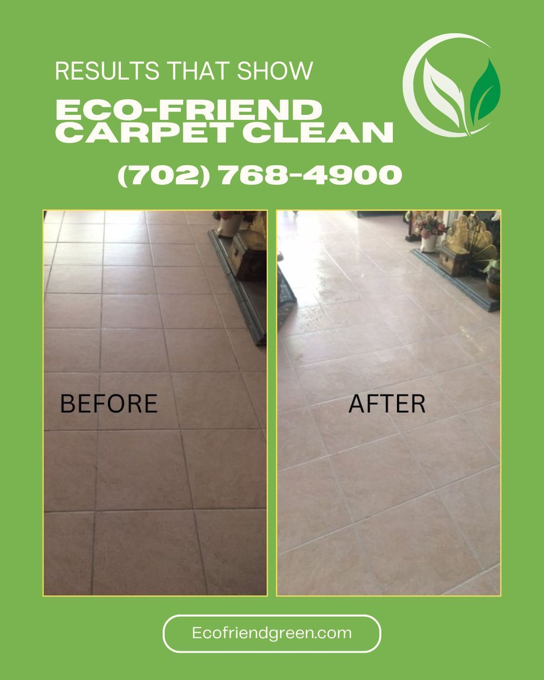Side-by-side comparison of tile flooring before and after cleaning. The 