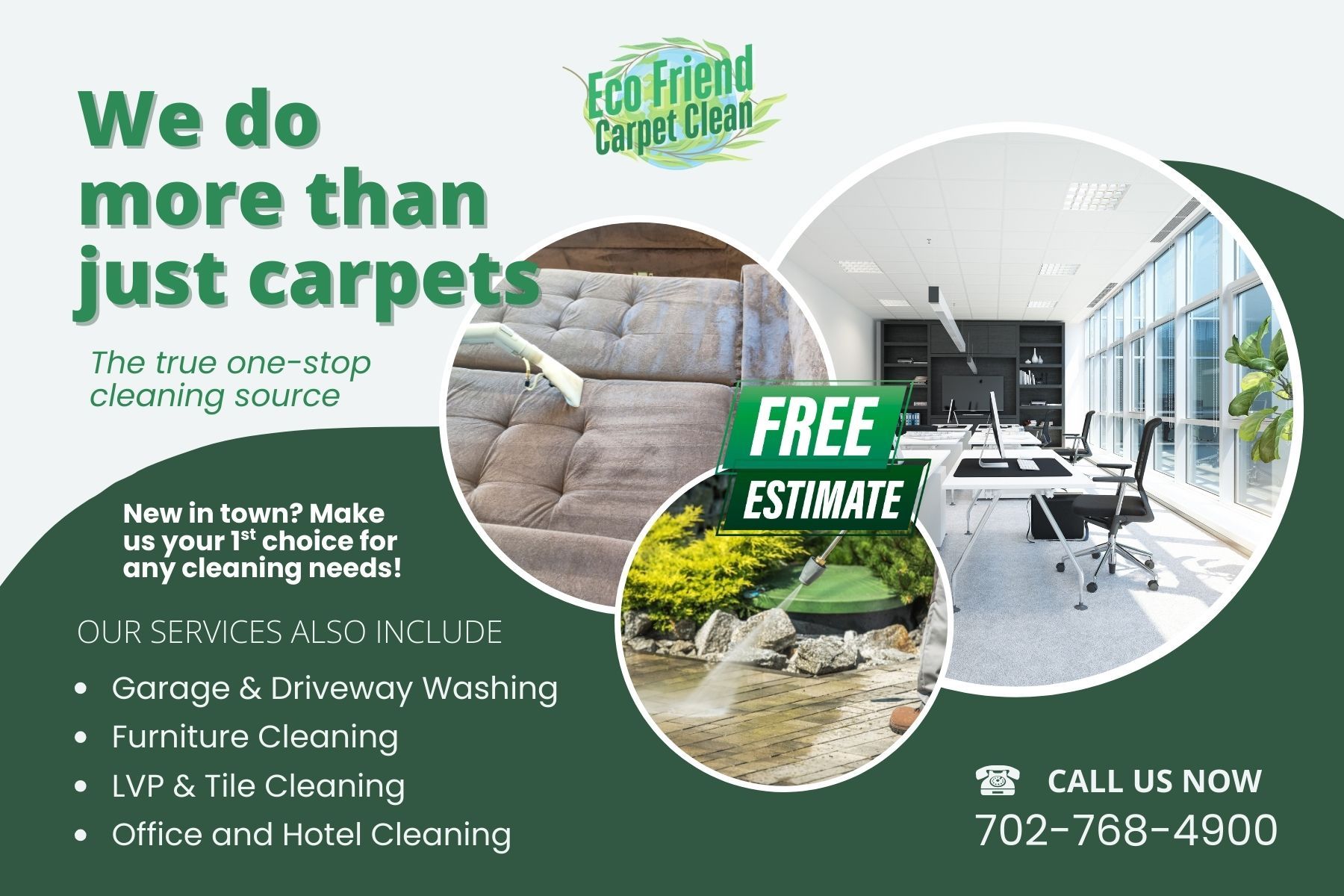 Advertisement for Eco Friend Carpet Clean with text and images of cleaning services. Green and white color scheme.