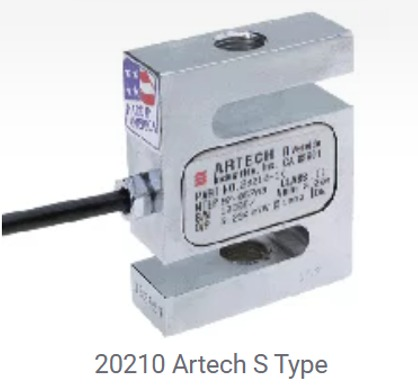 Una celda de carga Artech tipo S plateada con un cable negro, probablemente para aplicaciones de pesaje.