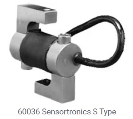 Célula de carga tipo S (Sensortronics 60036) con centro cilíndrico, dos puntos de anclaje y un cable.