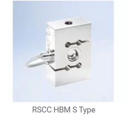 Una celda de carga metálica, rectangular, RSCC HBM tipo S, con un orificio central y ranuras, con cables conectados.